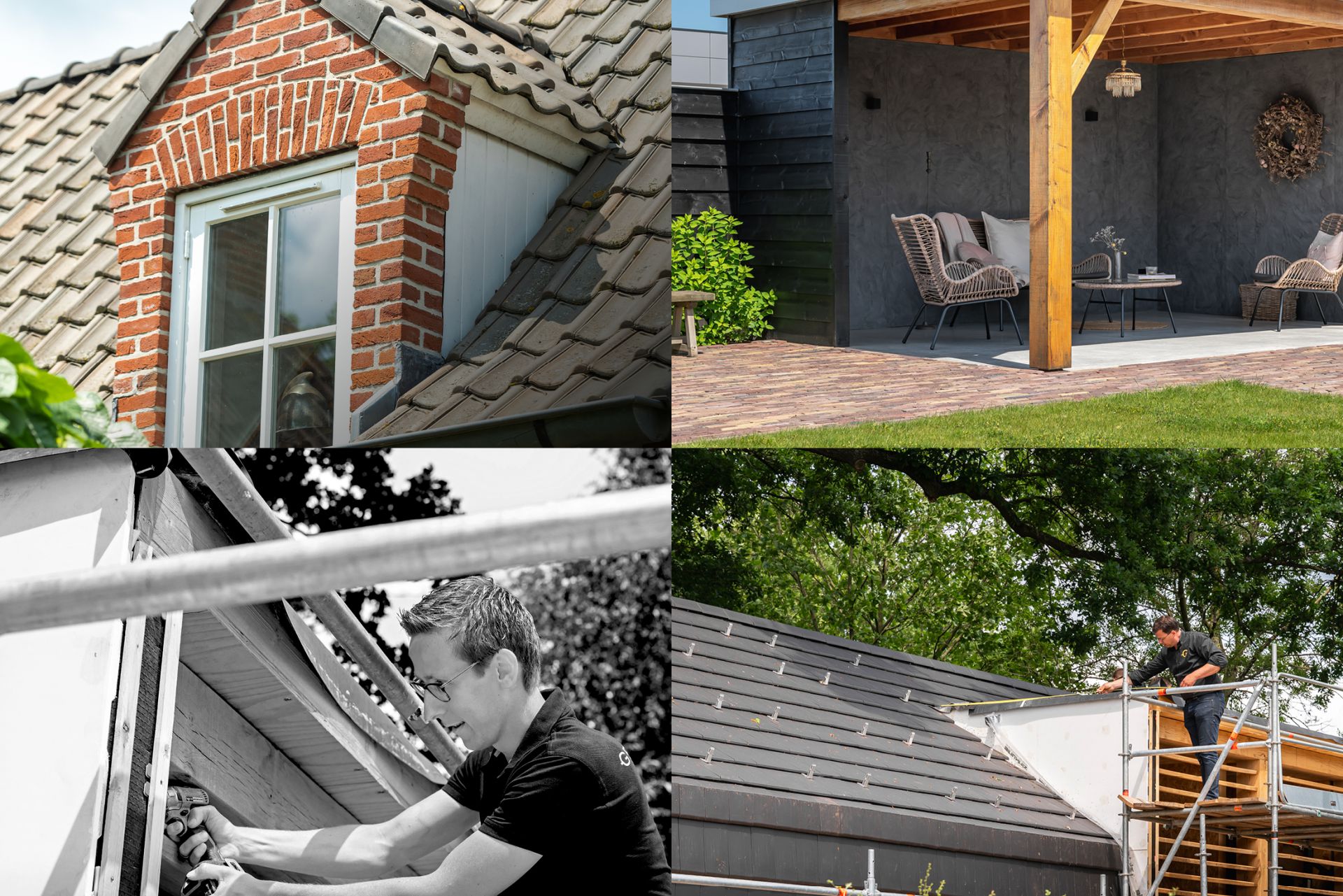 Collage van vier foto's: een dakkapel, een overkapping, een timmerman aan het werk, en een dakuitbouw. Deze beelden illustreren de veelzijdigheid en vakmanschap van Gelderse Bouwmeesters bij het succesvol afronden van zowel eenvoudige als complexe bouwprojecten, zoals renovaties en transformaties.